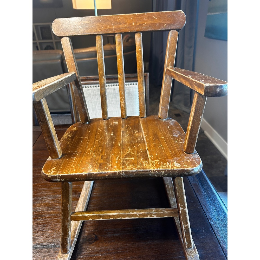 Vintage Wooden Kids Rocking Chair Spindle Back Nursery Furniture Brown Wood